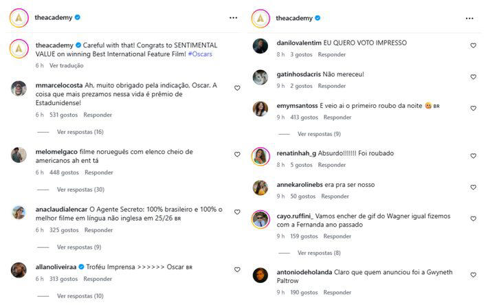 Perfil da Academia nas redes recebeu comentários de brasileiros após a divulgação dos vencedores do Oscar 2026 Foto: @theacademy via Instagram