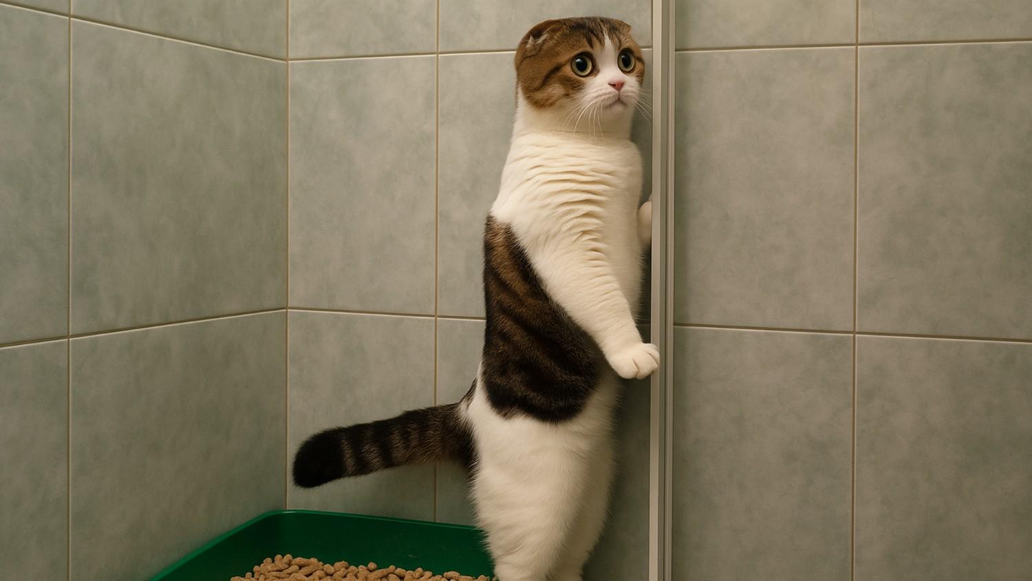 Cat pretends nothing happened in the litter box