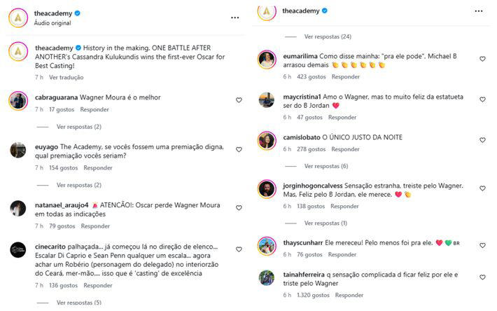 Comentários de brasileiros se concentraram no perfil após as derrotas de 'O Agente Secreto' no Oscar 2026 Foto: @theacademy via Instagram