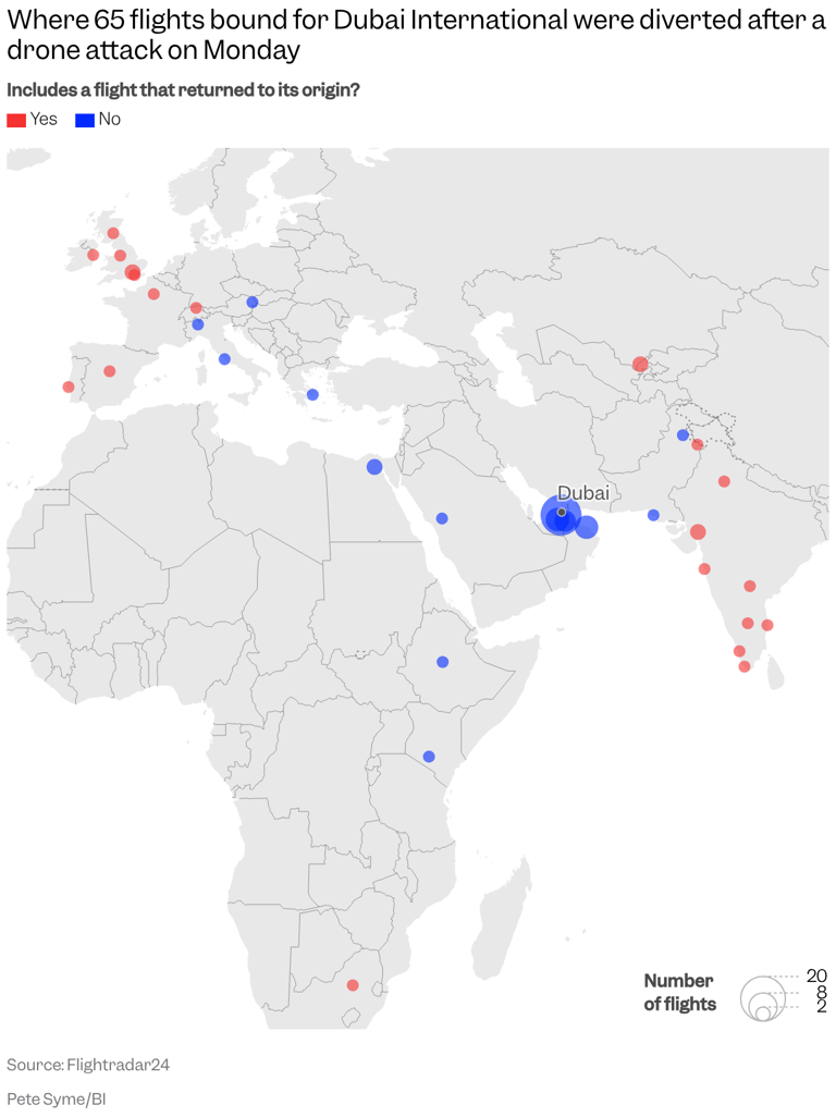 Mapped: 65 planes were diverted as a drone strike caused flight chaos ...