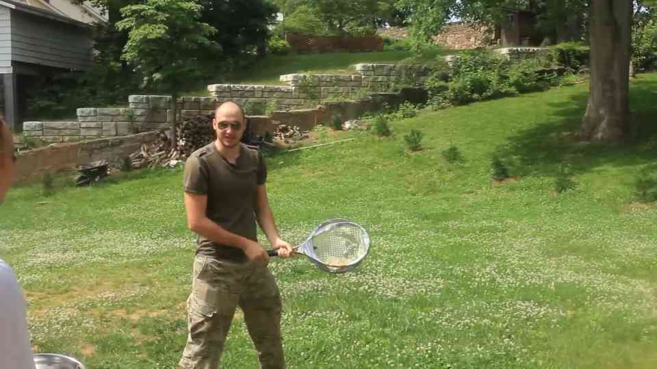 He smashed eggs through a tennis racket - then called it cooking