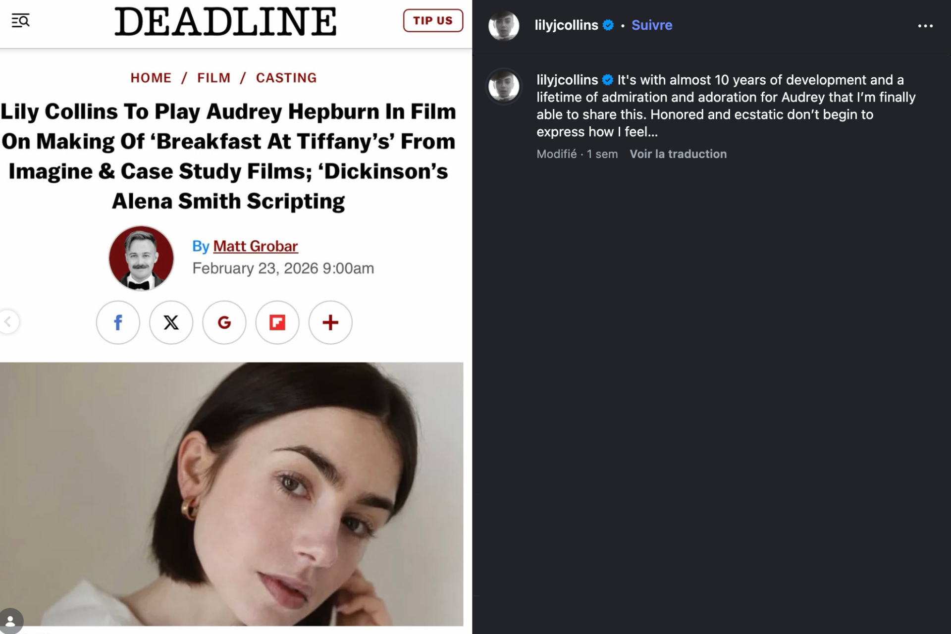 Lily Collins encarnará a la icónica Audrey Hepburn en cine
