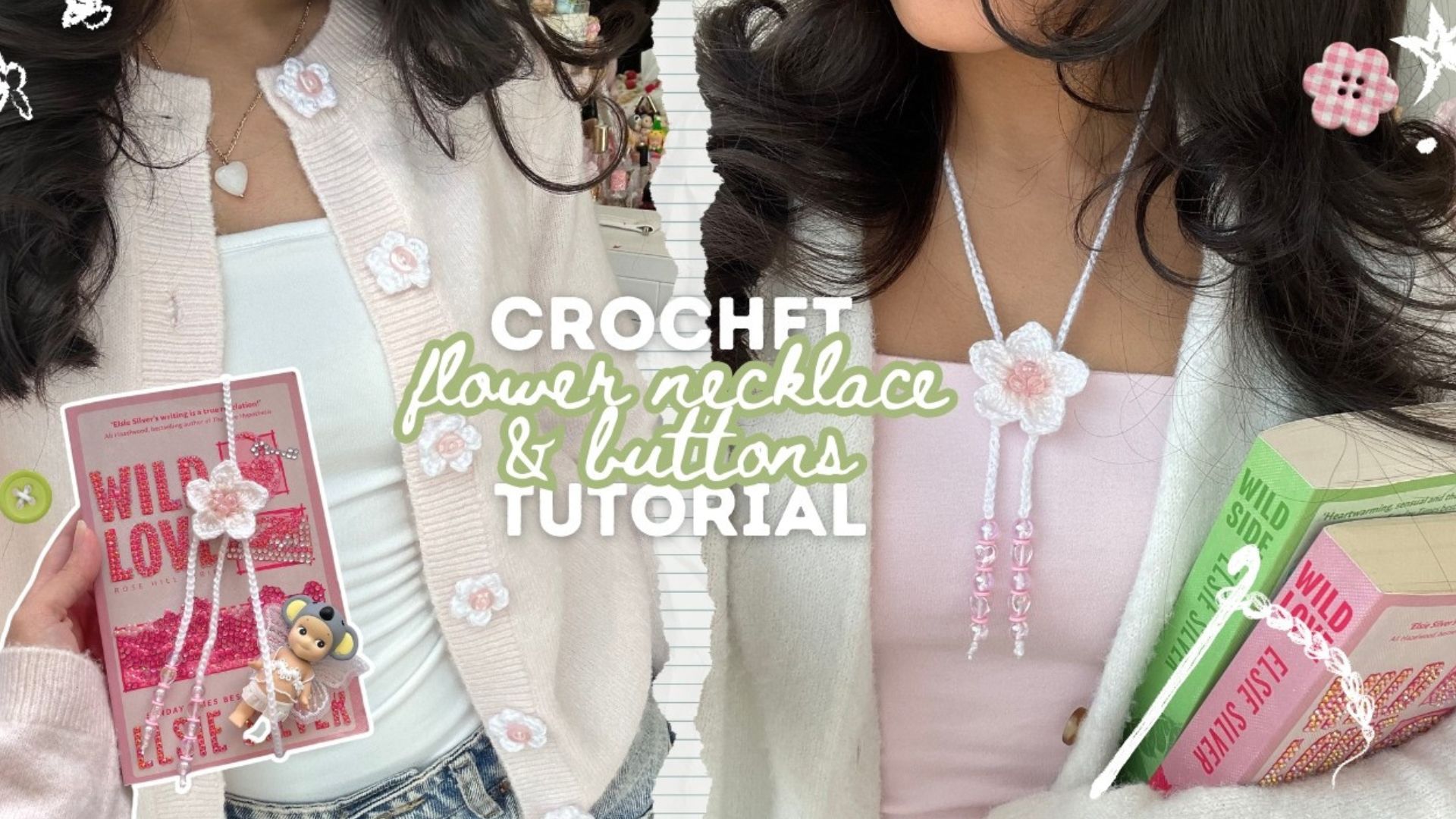 Crochet flower necklace and mini buttons tips