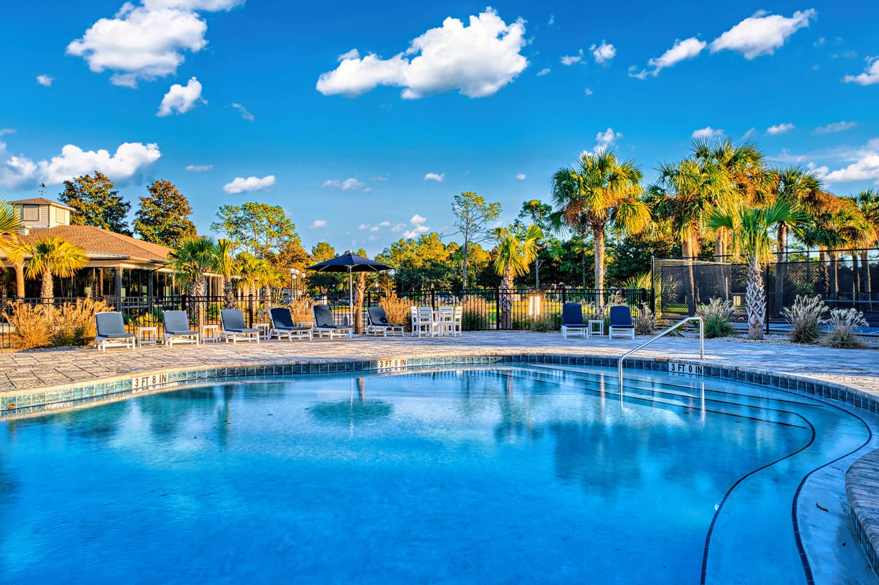 Outdoor pool area with lounge chairs palm trees and a clear blue sky