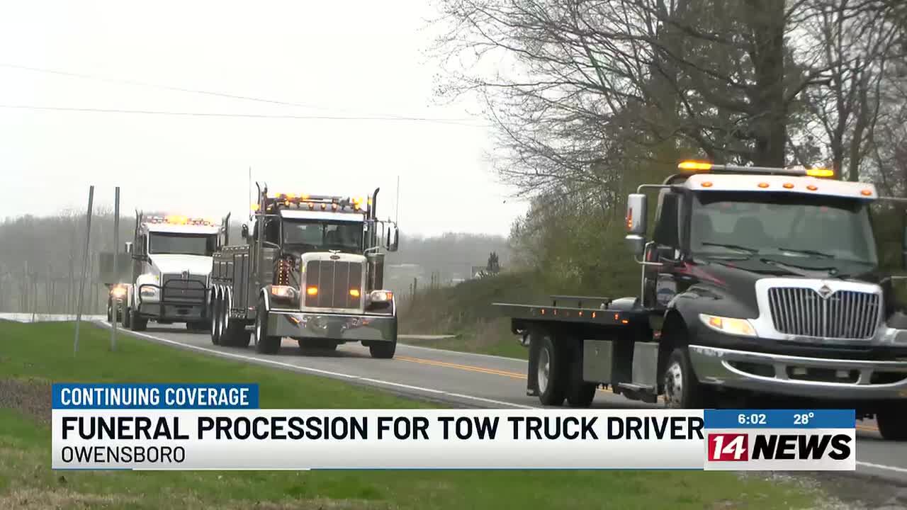 Tow trucks join funeral procession for colleague hit and killed on the job