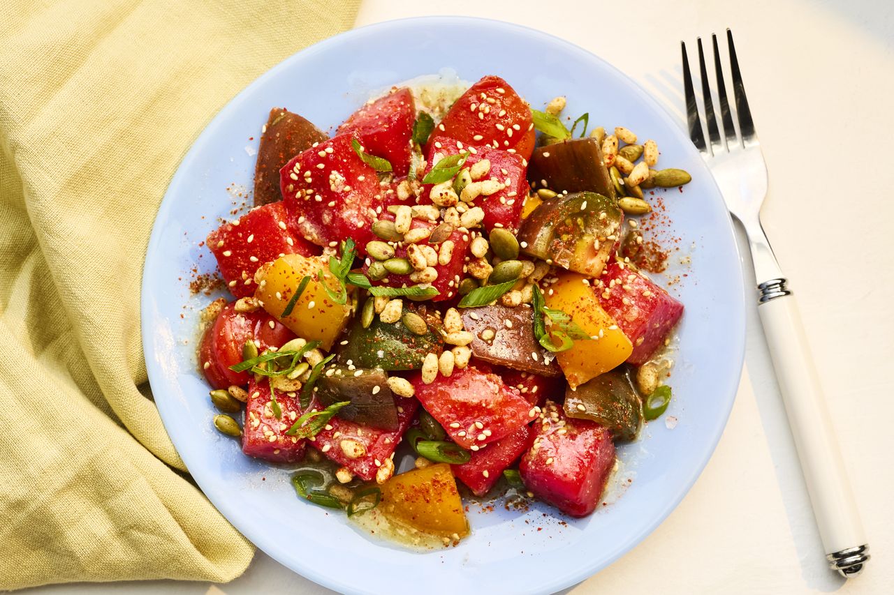 Watermelon and Tomato Salad with Sesame-Miso Dressing