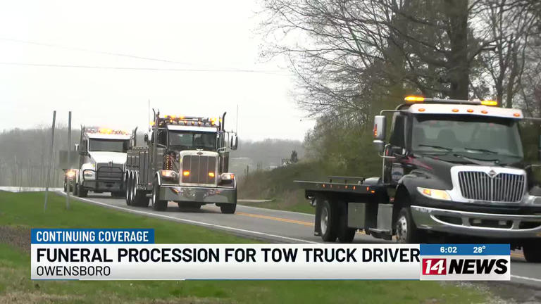 Tow trucks join funeral procession for colleague hit and killed on the job