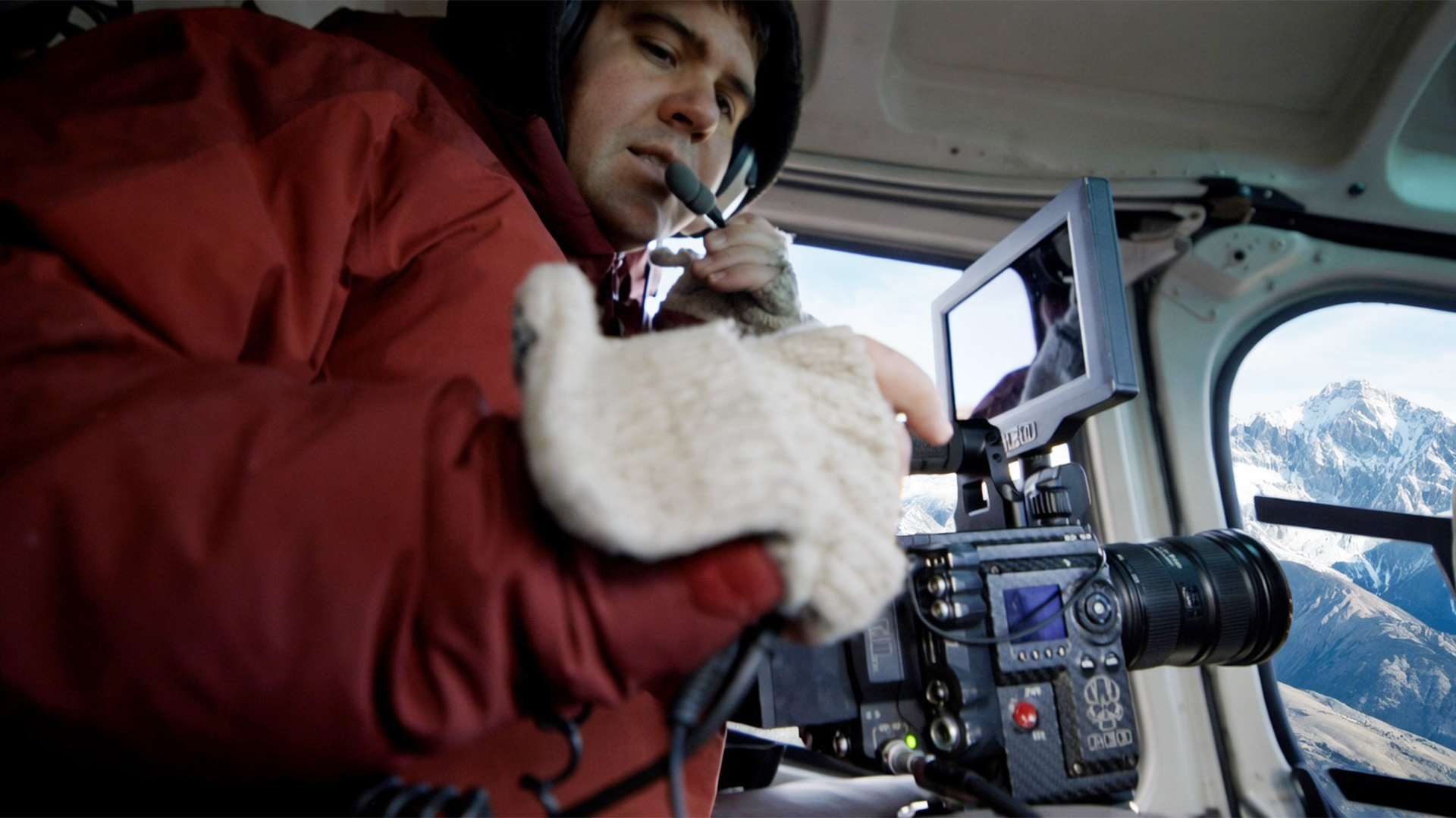 A helicopter camera shoot in action