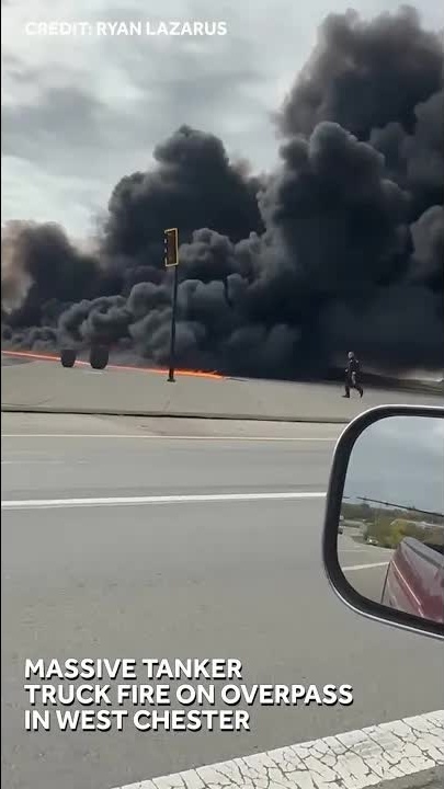 Massive tanker truck fire on overpass at I-75