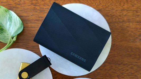 Samsung T9 portable SSD on table