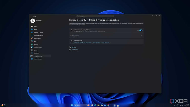 Inking and Typing personalization settings on Windows 11 Pro. 