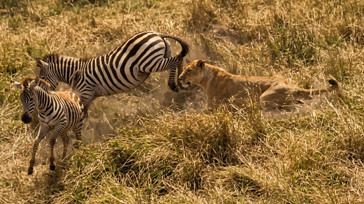 Watch what happens when a zebra defends its baby from a lion
