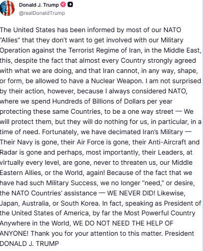Trump arremete contra la OTAN por no cooperar contra Irán en Ormuz: "No ...