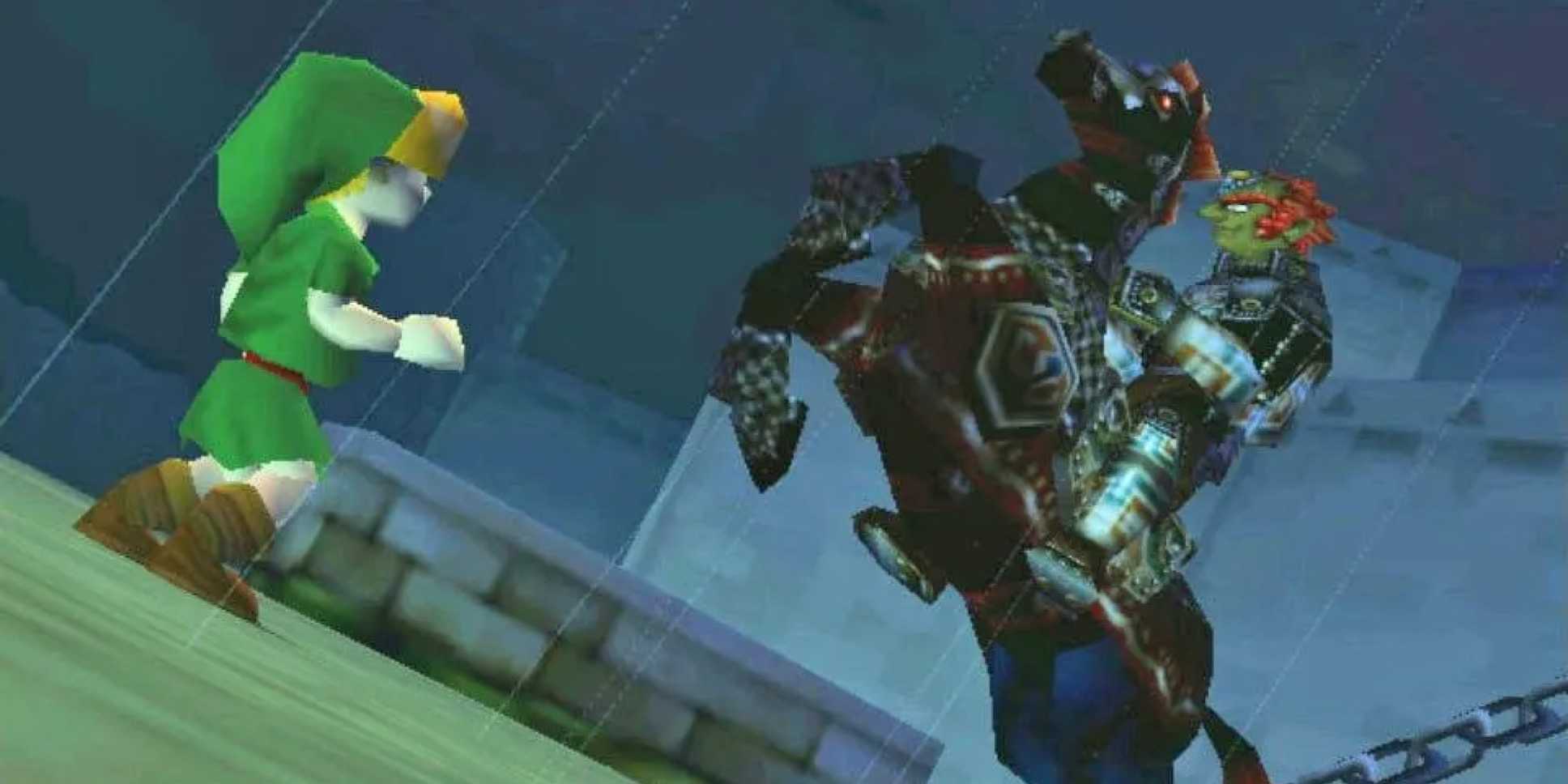 Link from The Legend Of Zelda: Ocarina Of Time faces Ganondorf on his horse.