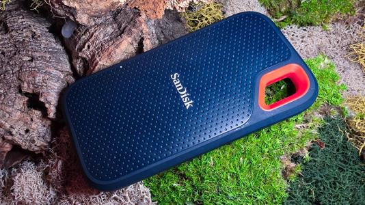 SanDisk Extreme Pro SSD on mossy background