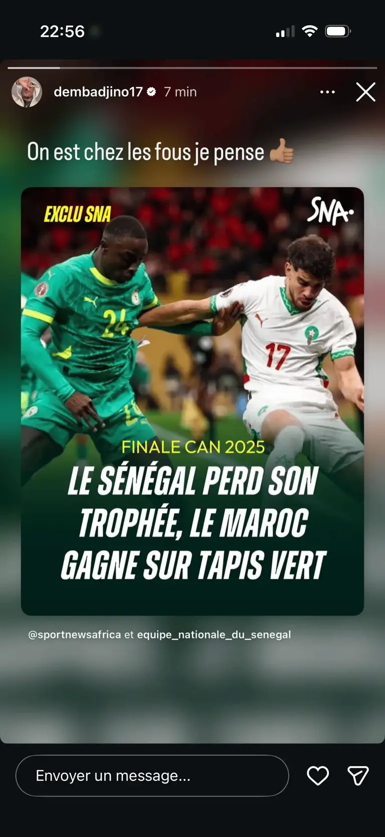 Magouilles et foutaise des Marocains - Le Maroc gagne la CAN sur tapis vert : « On est chez les fous », réagit Demba Diop (les peuples noirs d'Afrique vous attendent de pied ferme à la prochaine CAN.Nous allons vous faire çà comme les thaïlandais vous font en ce moment avec vos vendeurs de drogue qui ne respectent aucun pays d'accueil. Dixit AM)