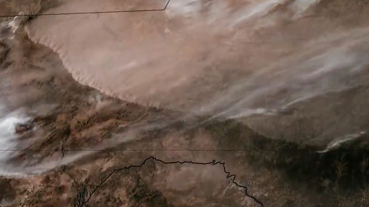 Satellite imagery shows a large dust storm moving across Texas