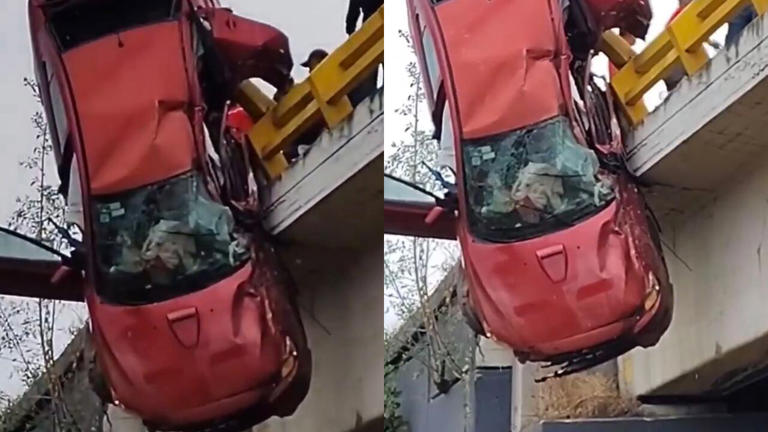 Auto queda colgando de un puente tras perder el control y deja a una ...