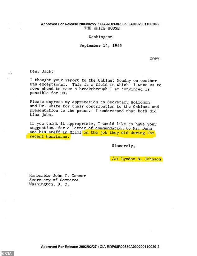 President Johnson personally praised the efforts of the CIA in creating weather modification technology