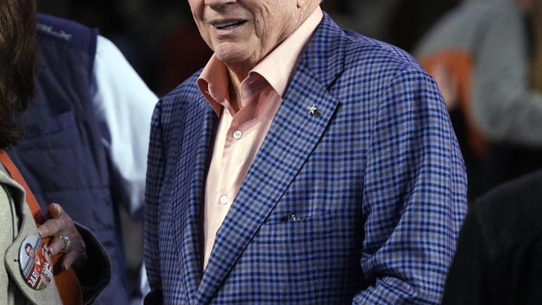 Nov 24, 2023; Austin, Texas, USA; Dallas Cowboys owner Jerry Jones on the field at Darrell K Royal-Texas Memorial Stadium before the game between the Texas Longhorns and the Texas Tech Red Raiders. Mandatory Credit: Scott Wachter-USA TODAY Sports
