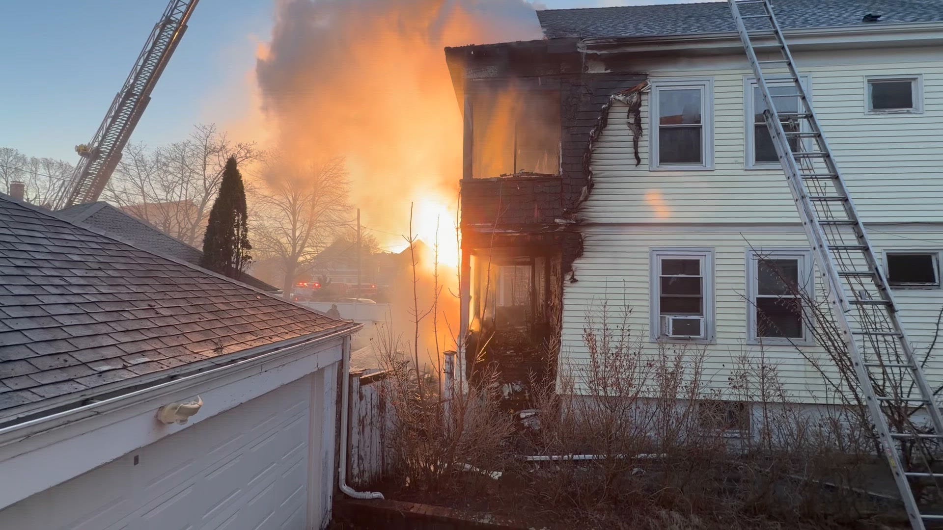 Crews battle flames, smoke at Medford fire