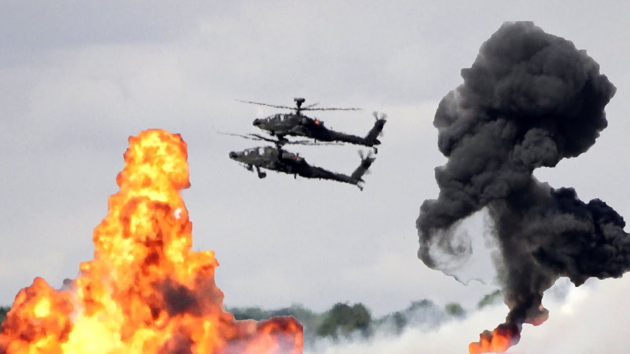 Watch what happens when a military helicopter starts firing ...