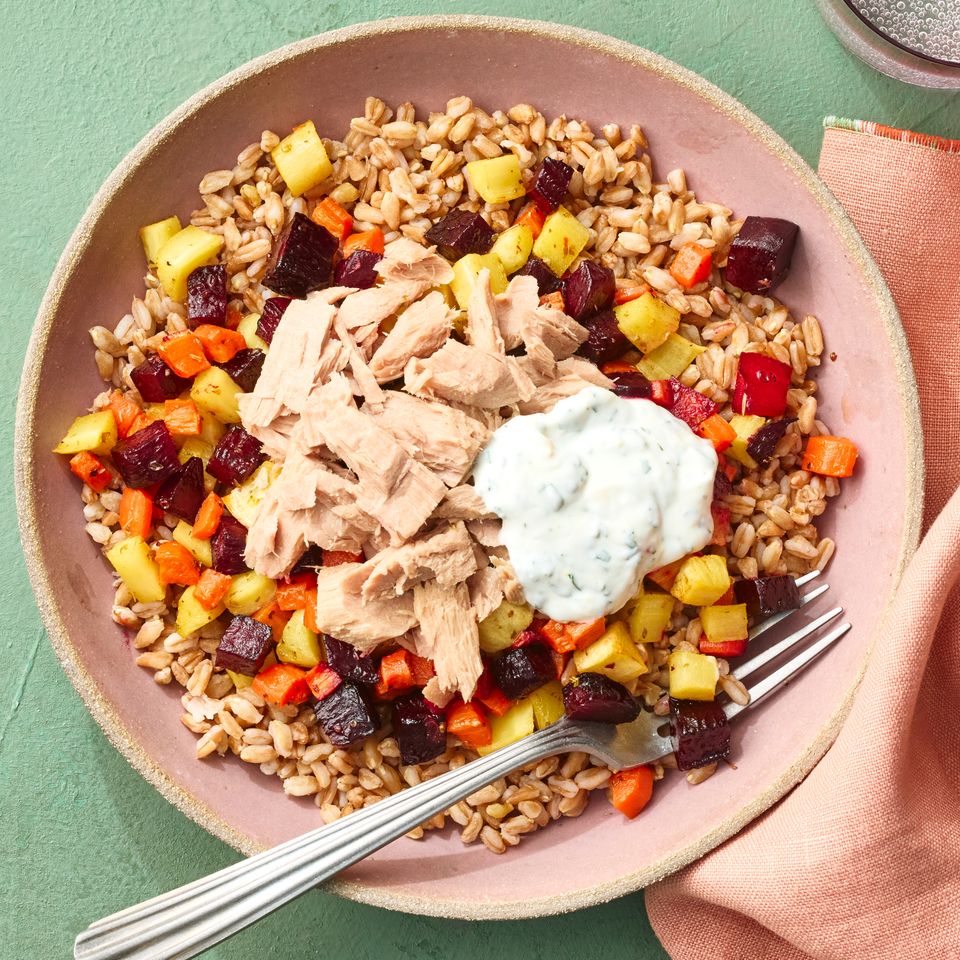 A recipe image of Grain Bowl with Canned Tuna, Farro & Veggies.