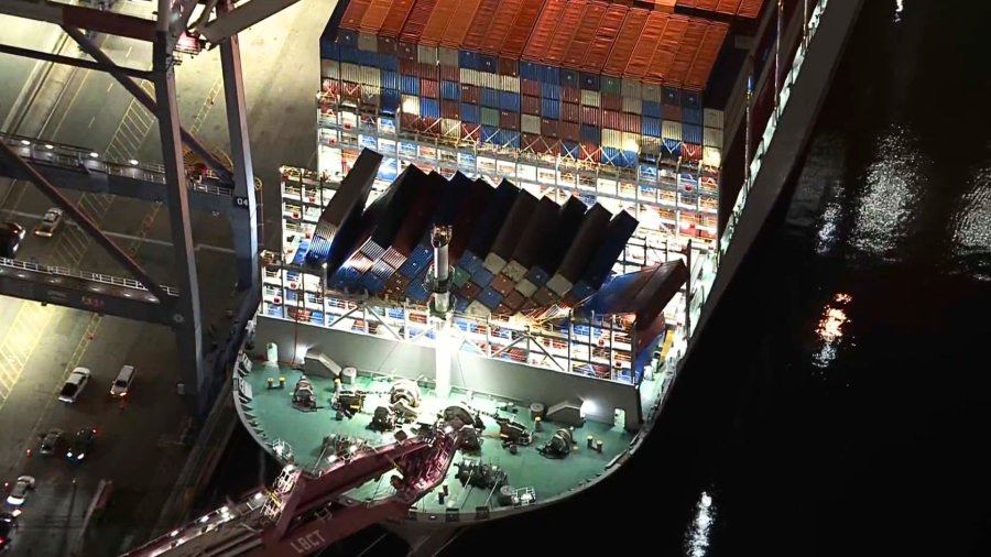 Containers left hanging from storm-battered ship in Port of Long Beach