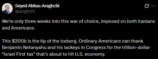 '$200bn tip of iceberg': Iran mocks US over rising war bill, warns Americans of 'Israel First tax'