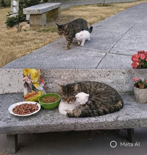 Gatto randagio guida gattino cieco nel parco ogni giorno