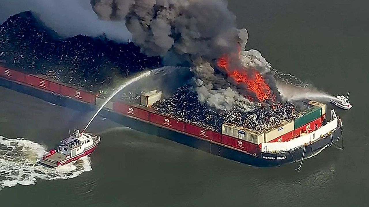 Massive fire breaks out on scrap metal barge in Delaware Bay