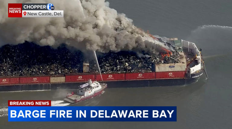 Barge fire burning for 27 hours in Delaware Bay now under control