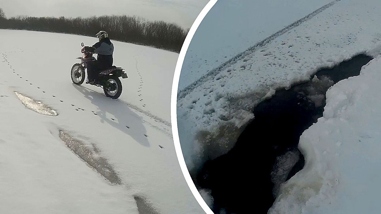 Une balade sur un lac gelé tourne mal pour un motard
