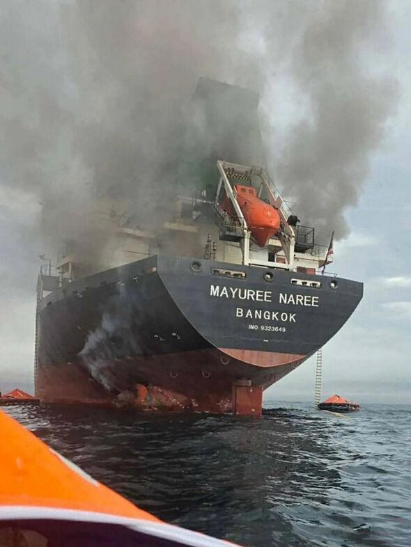 Terrifying moment Thai ship goes up in flames after attack in Strait of ...
