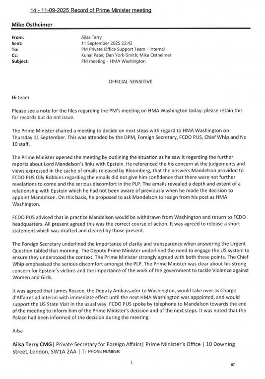 A copy of a memo about a meeting chaired by Prime Minister Sir Keir Starmer where he decided to sack Lord Peter Mandelson (Cabinet Office/PA) (PA Media)