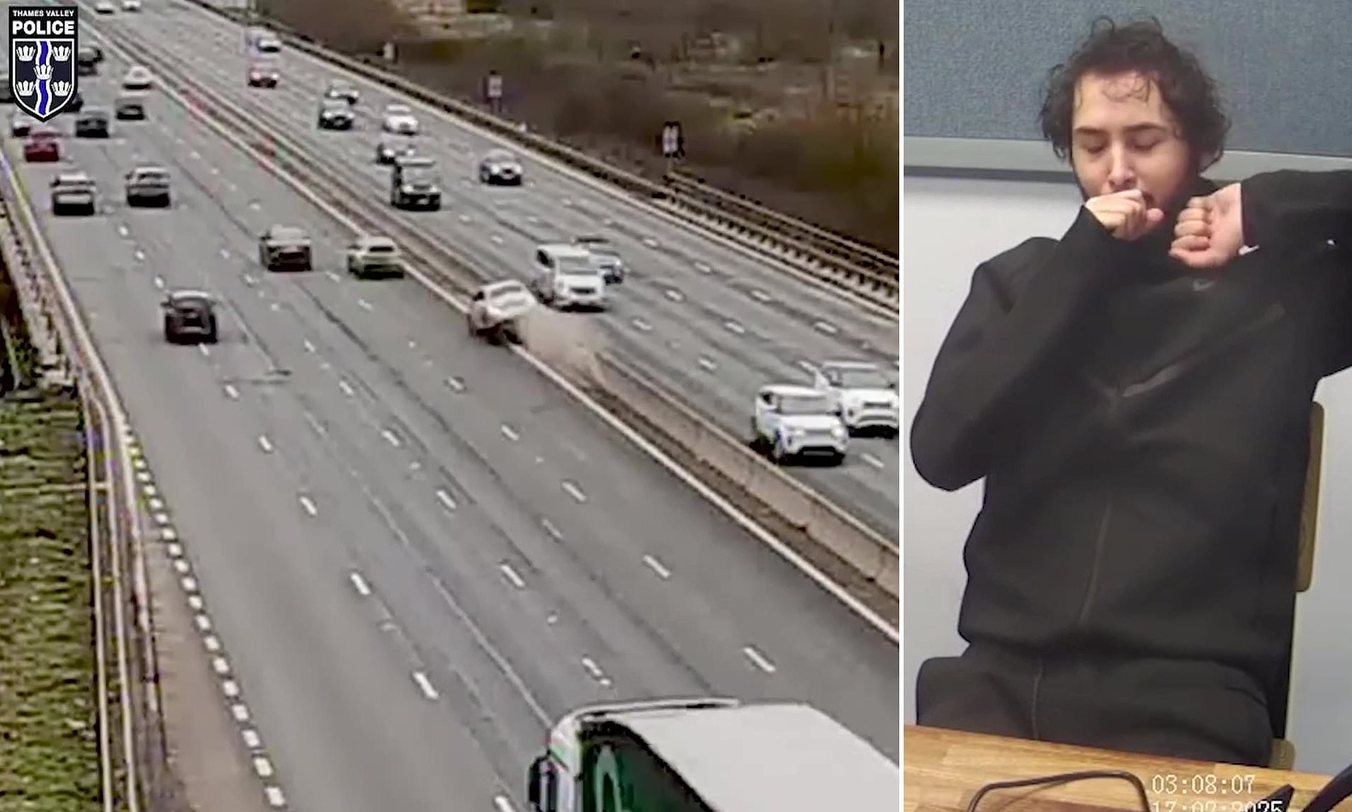 Moment drugged-up driver hit motorway central reservation then drove on ...