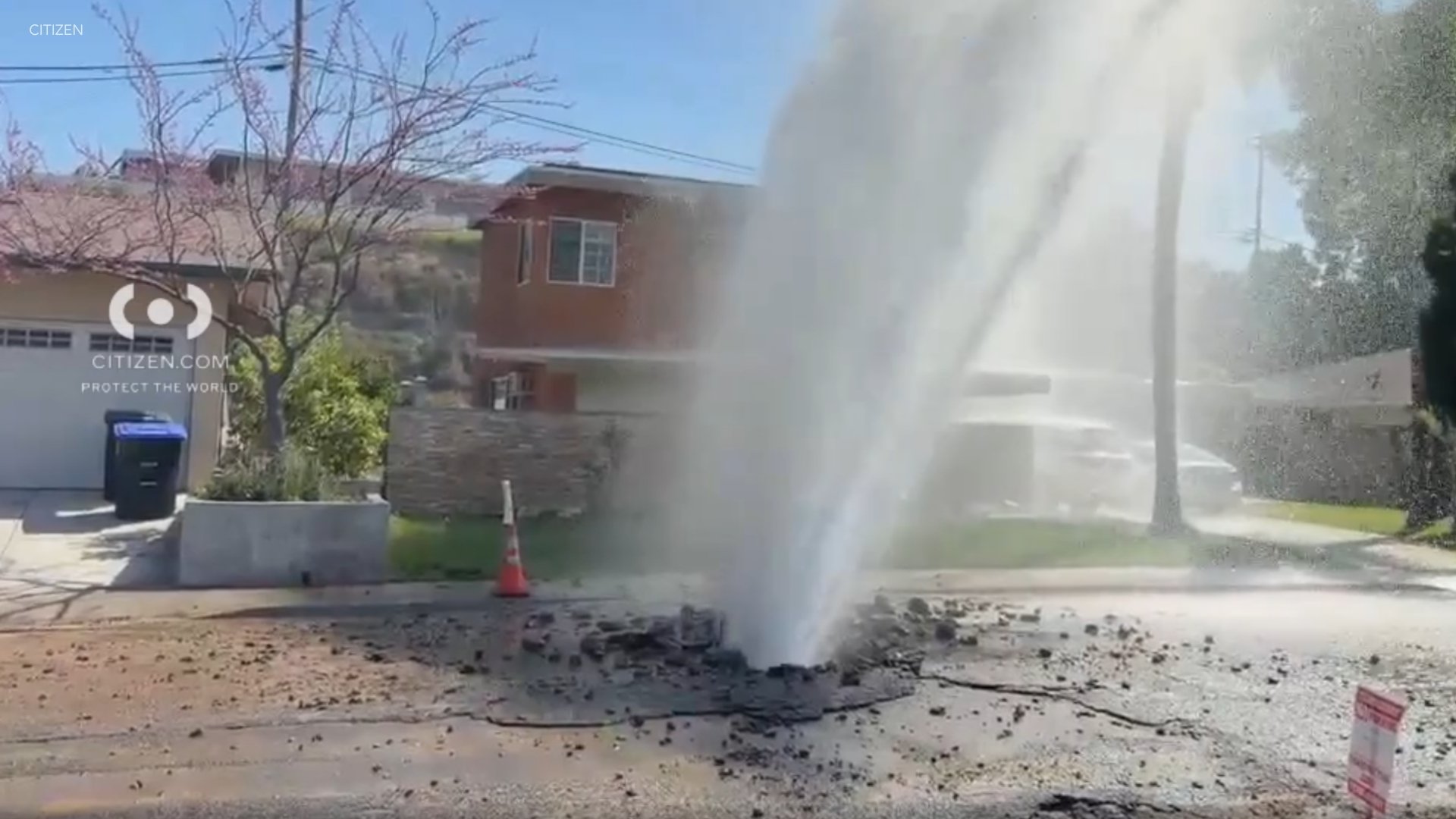 Water main break creates massive geyser in Monterey Park, damaging street