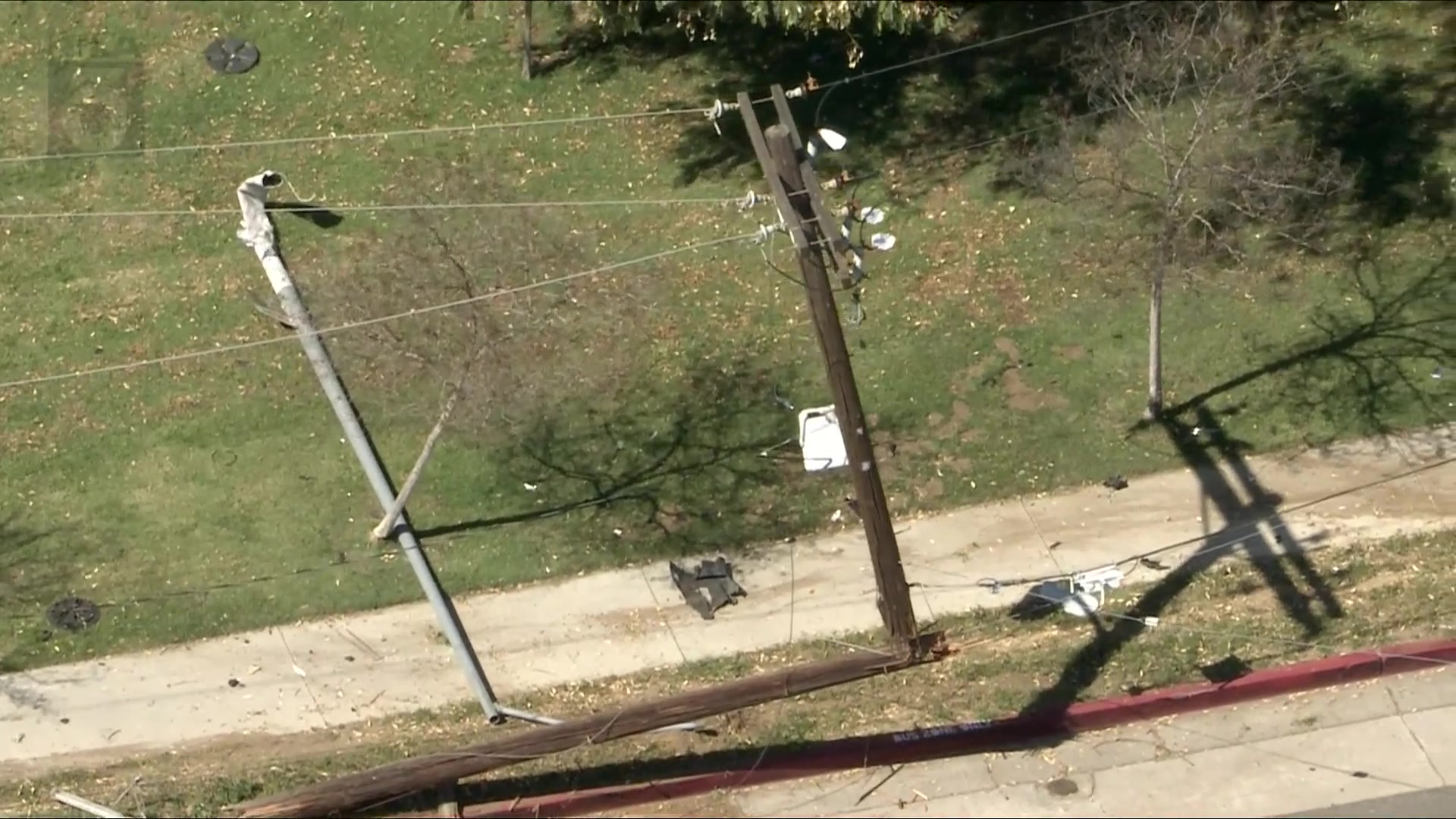 Sky5 over car crash into telephone pole in Pacoima