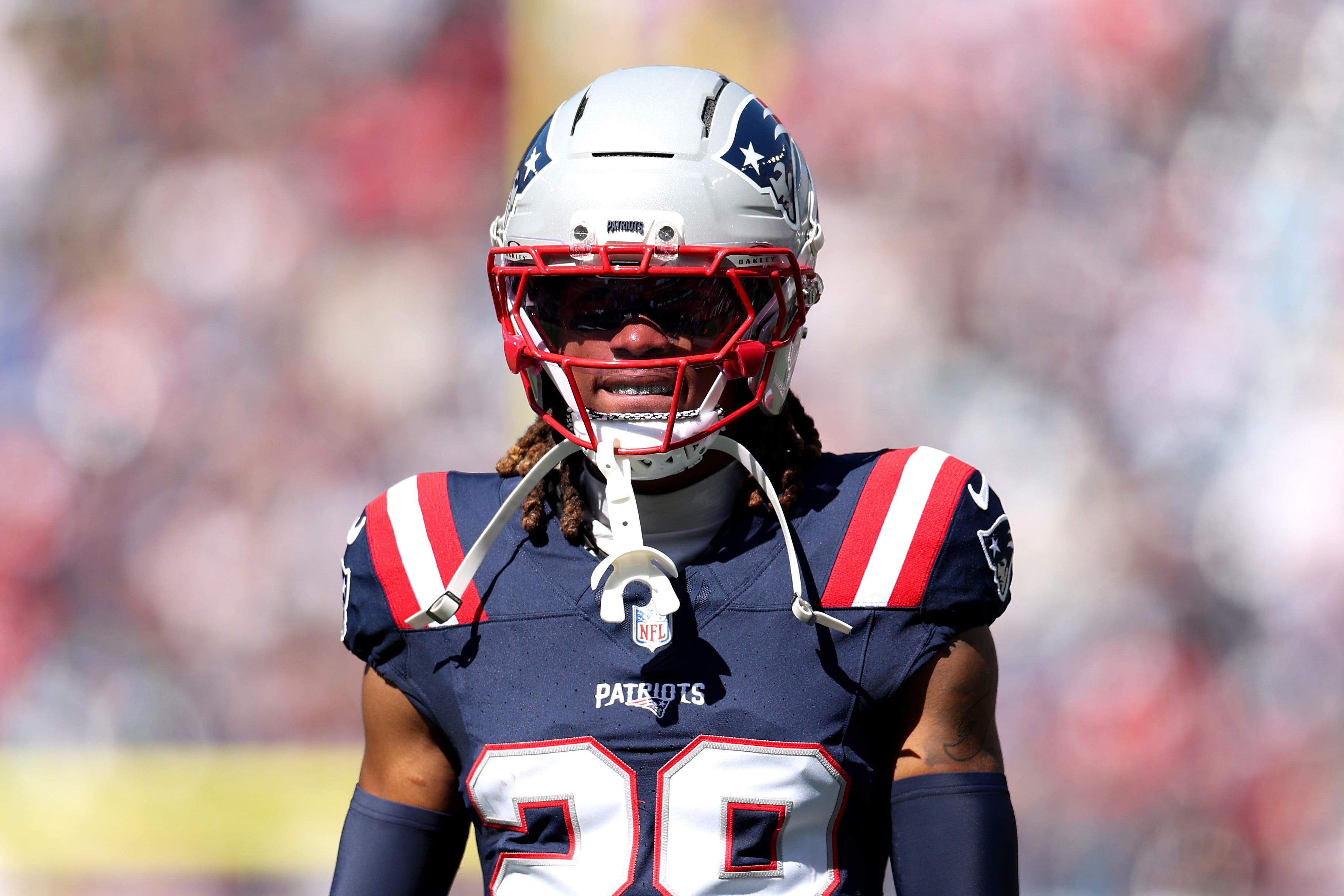 FOXBOROUGH, MASSACHUSETTS - SEPTEMBER 28: Alex Austin #28 of the New England Patriots looks on against the Carolina Panthers before the game at Gillette Stadium on September 28, 2025 in Foxborough, Massachusetts. (Photo by Jordan Bank/Getty Images)