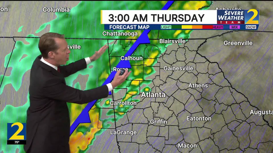 Potentially strong, severe storms moving into Georgia Wednesday night