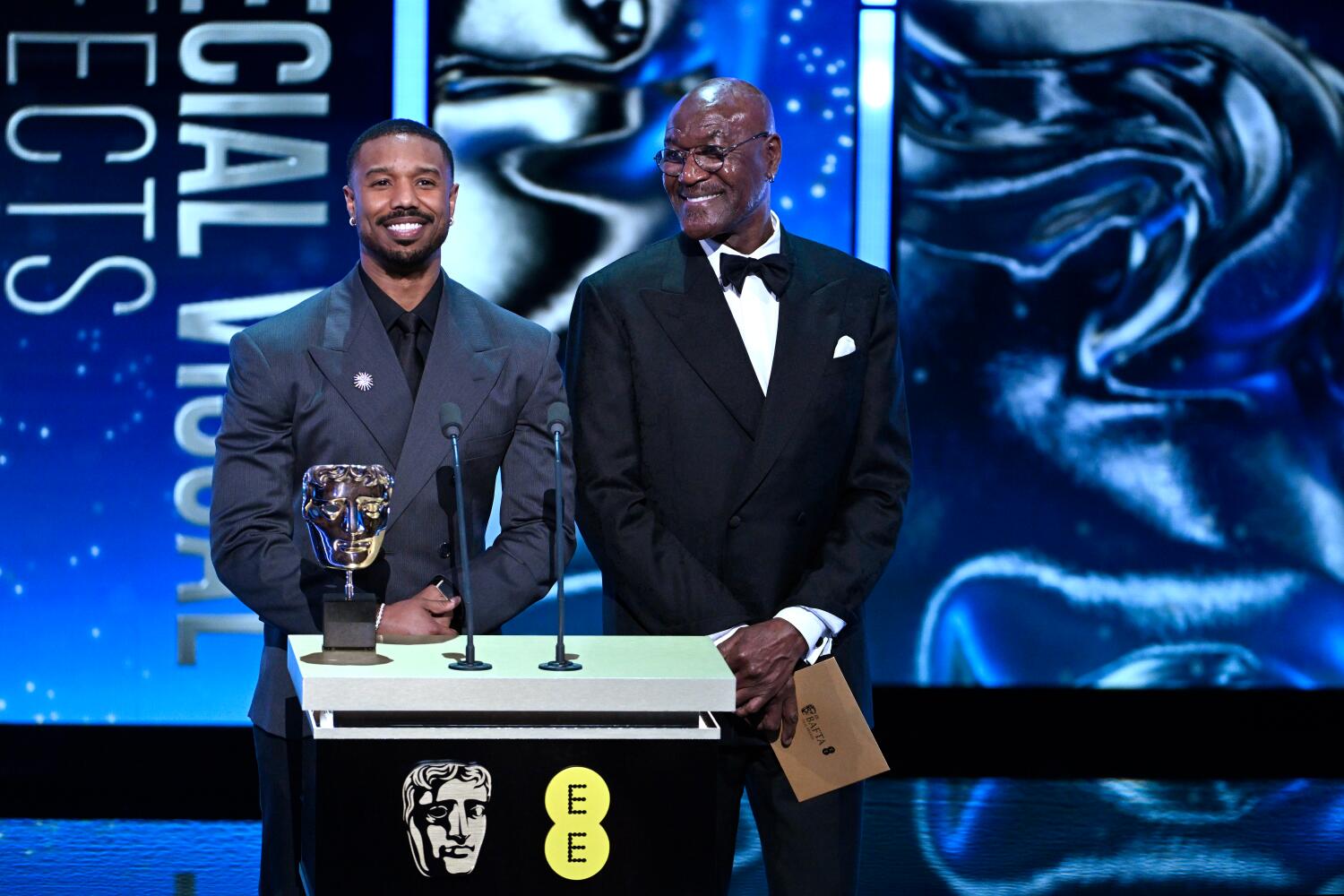 Michael B. Jordan and Delroy Lindo as they presented the visual effects award at the BAFTAs last month. ((Stuart Wilson / Getty Images for BAFTA))