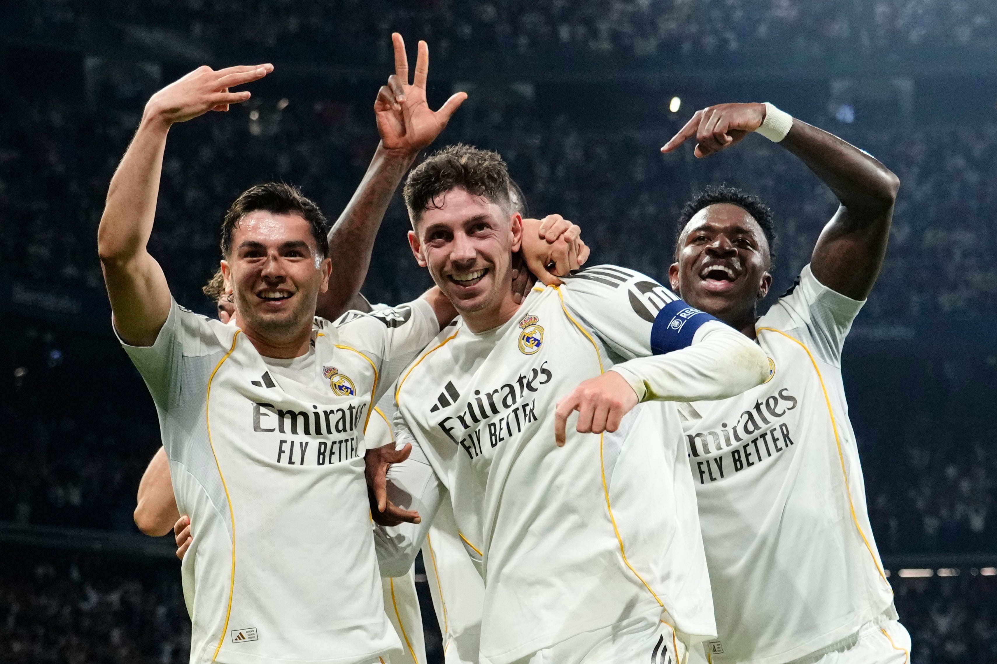 Federico Valverde (centre) delivered one of the great individual Champions League performances (AP)