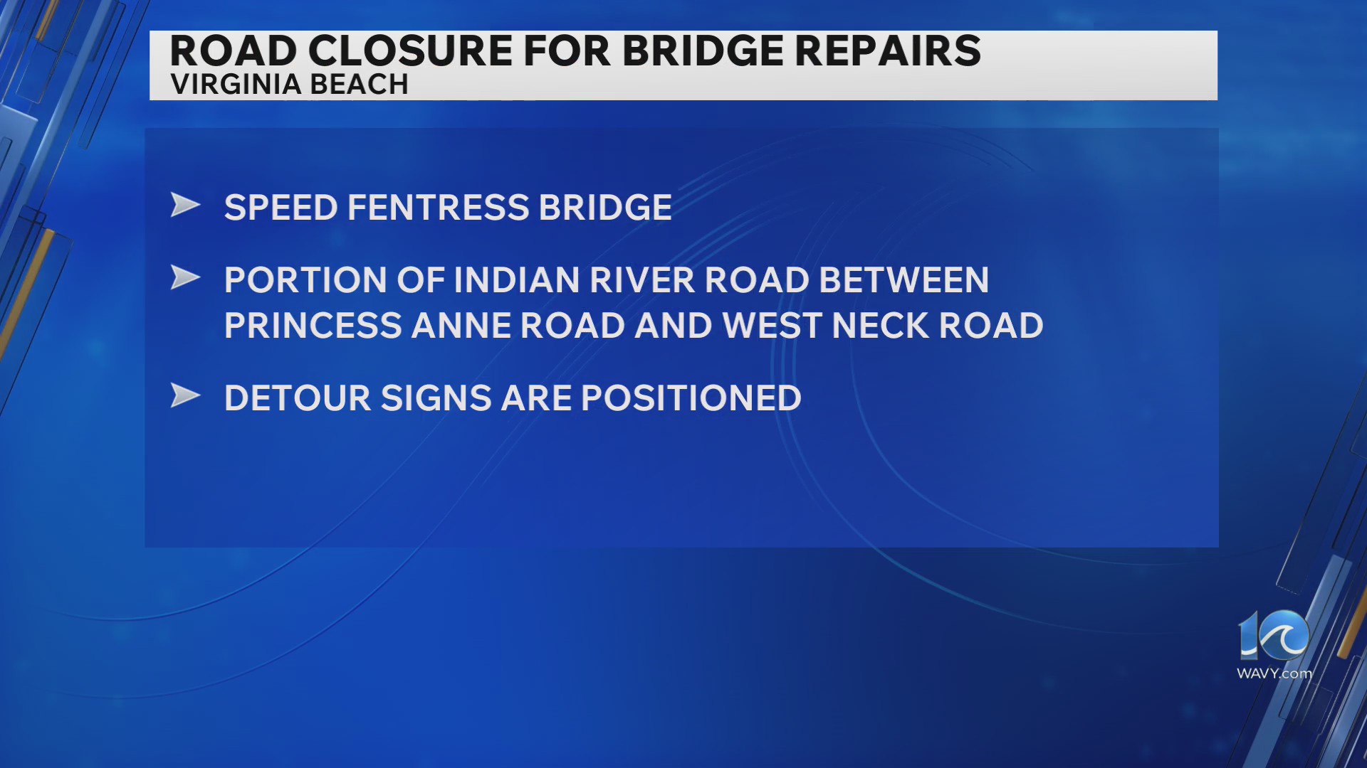 Indian River Road closure in Virginia Beach for bridge repairs