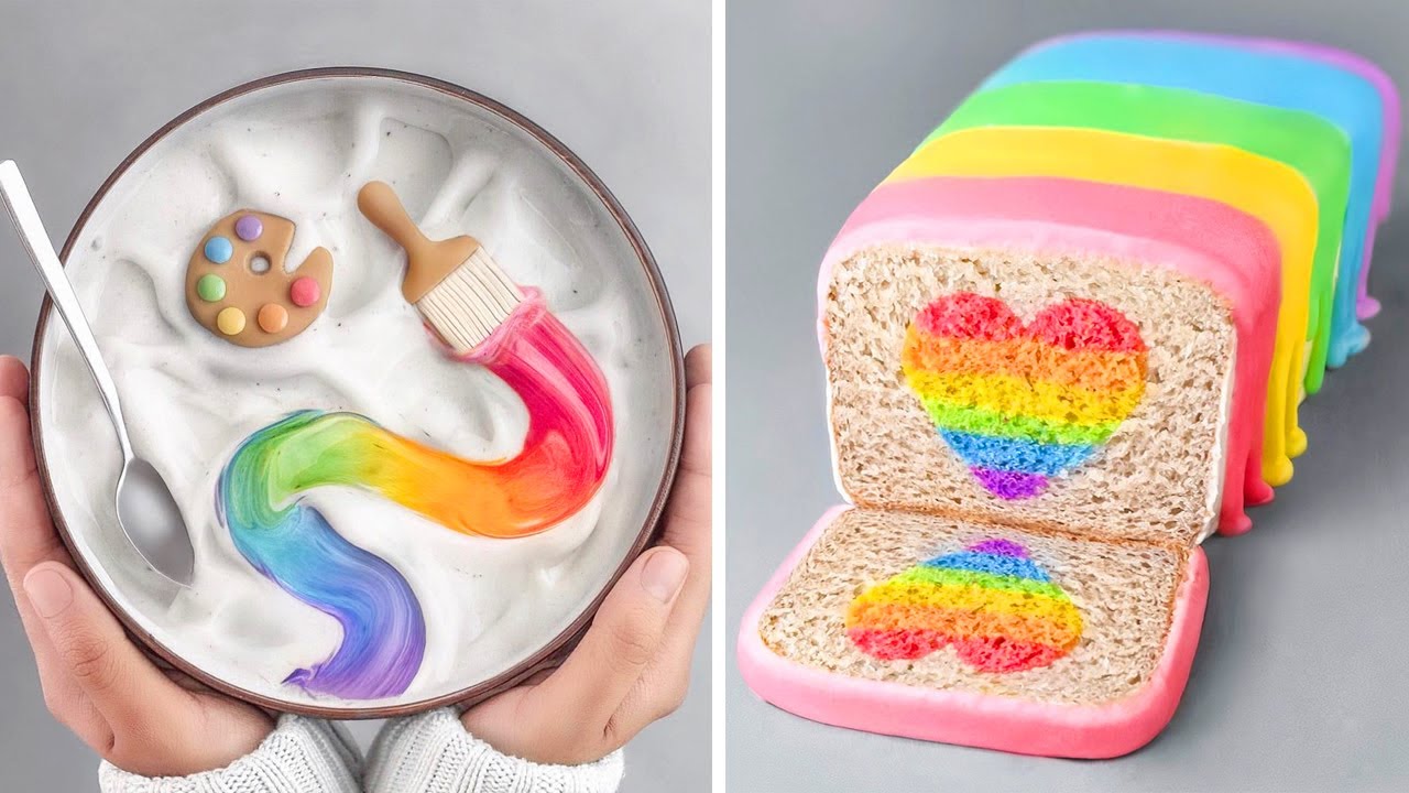 Rainbow paint dessert bowl and colorful heart cake
