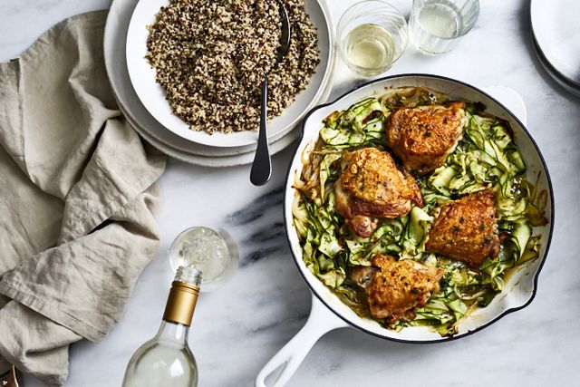 Crispy Chicken Thighs over Melted Zucchini