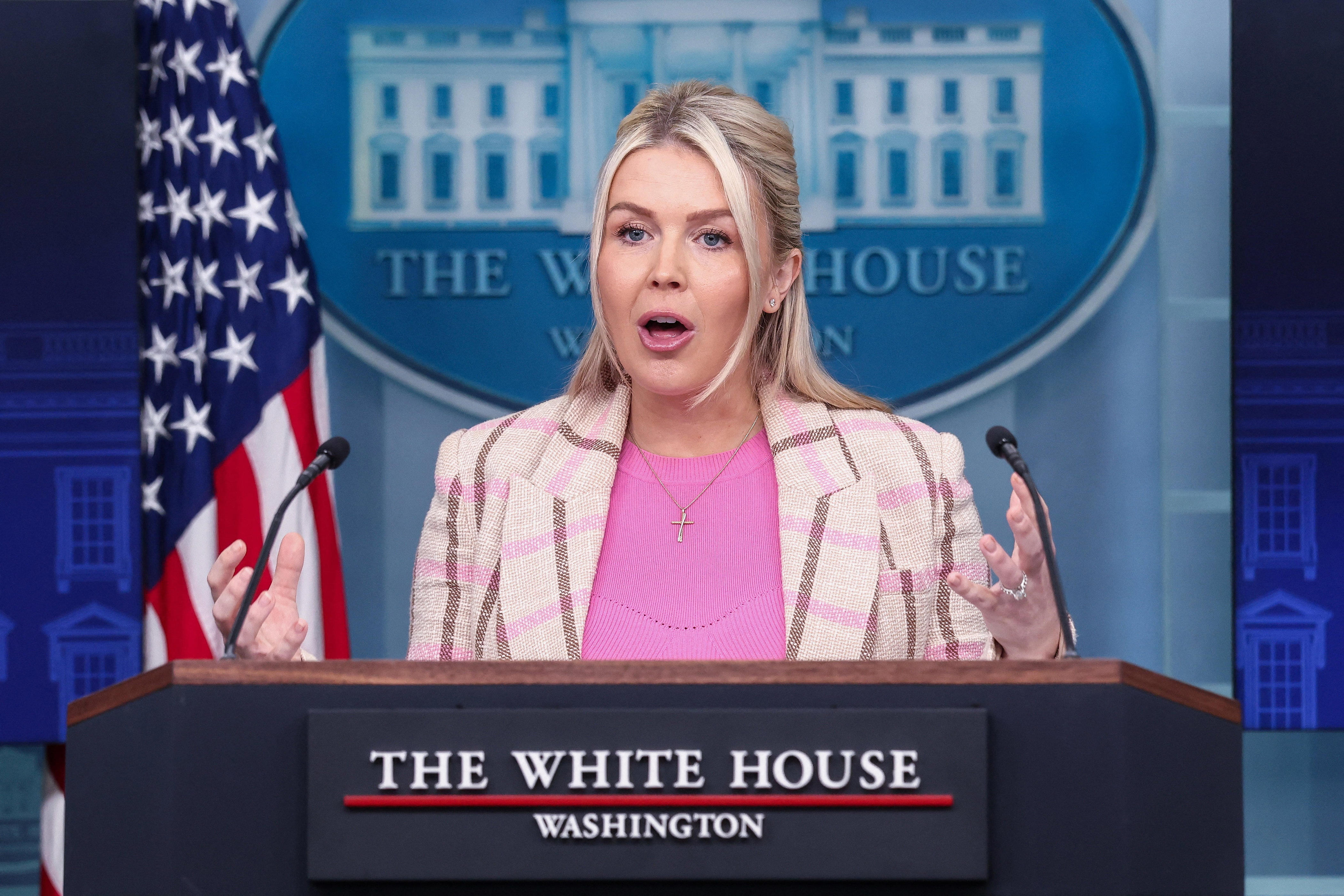 White House Press Secretary Karoline Leavitt speaks during a press briefing at the White House in Washington, D.C., on March 10, 2026.