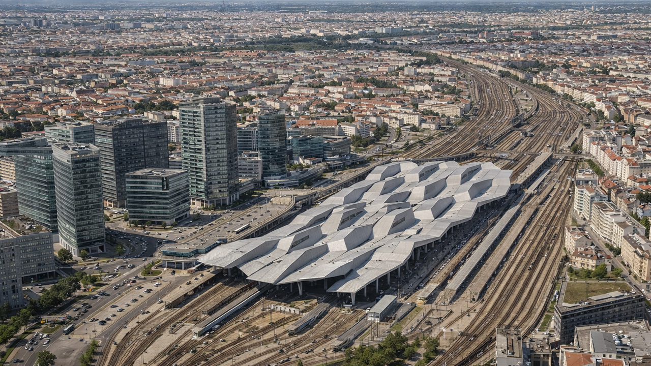 Vienna central station and rail network from above