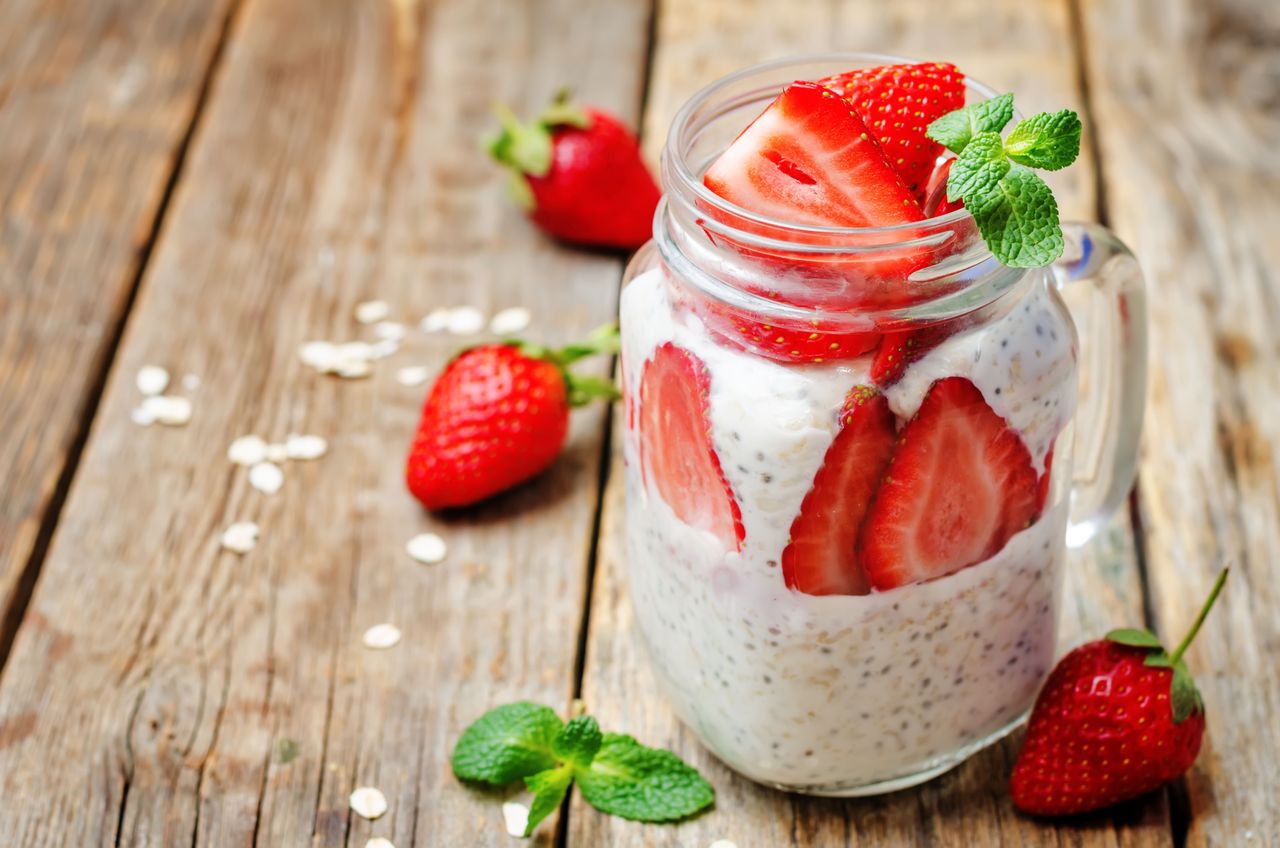 An image of overnight oats with chia seeds and strawberries