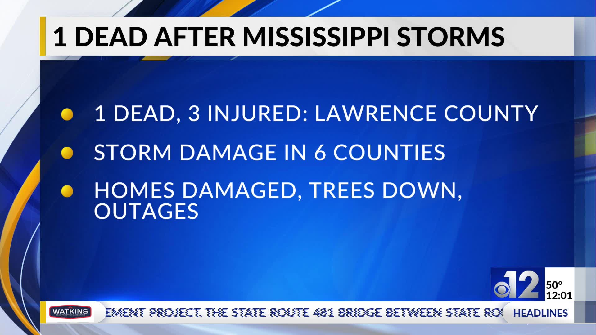 1 dead, 3 injured in Mississippi due to severe storms