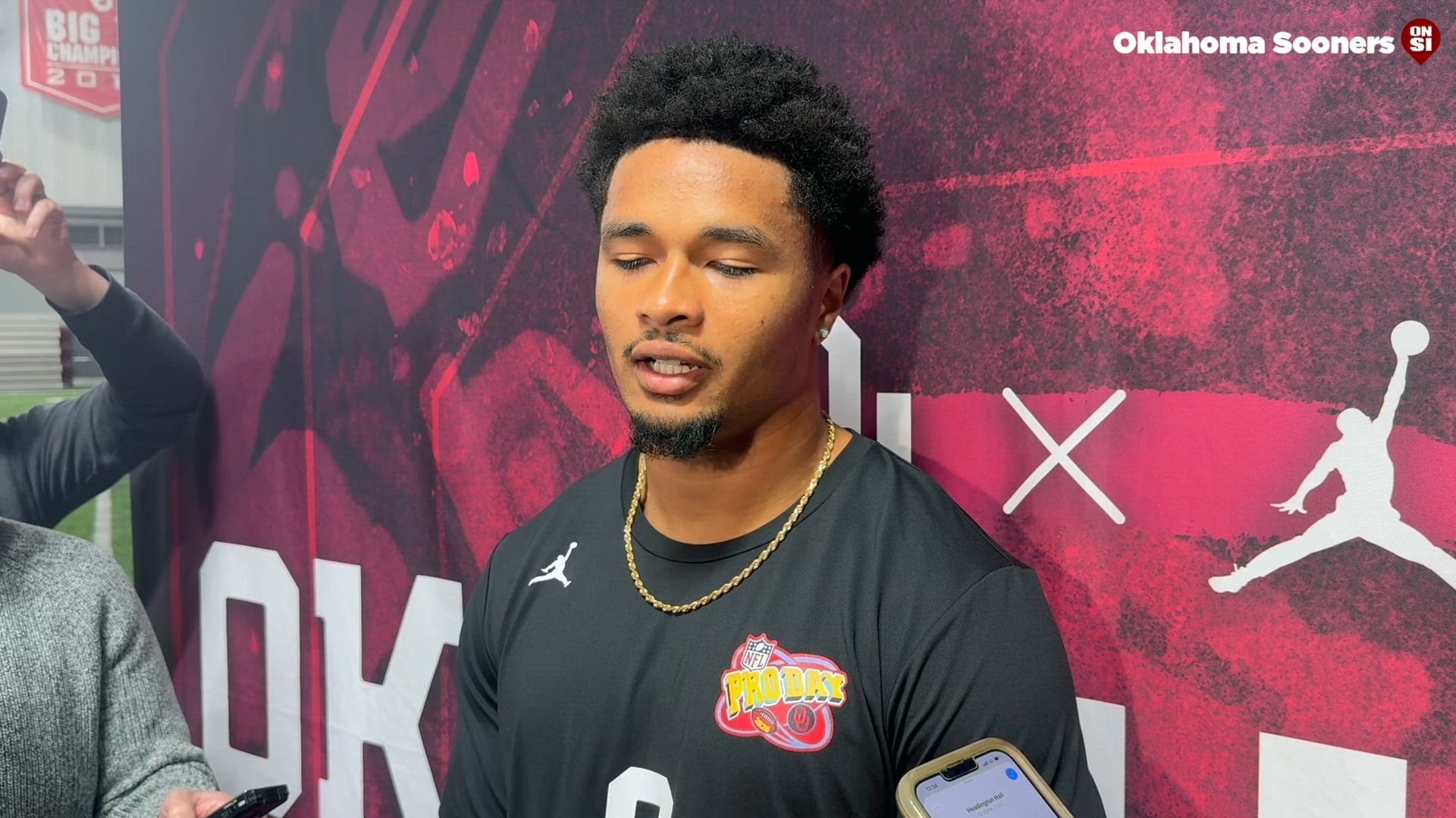 Former Oklahoma RB Jaydn Ott speaks to the media during Oklahoma's Pro Day